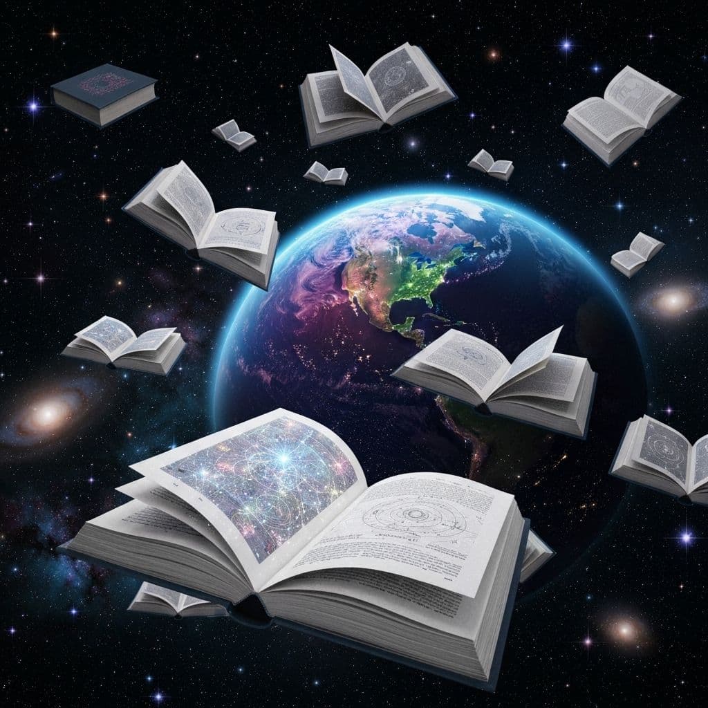 Libros de literatura contemporánea sobre un fondo espacial